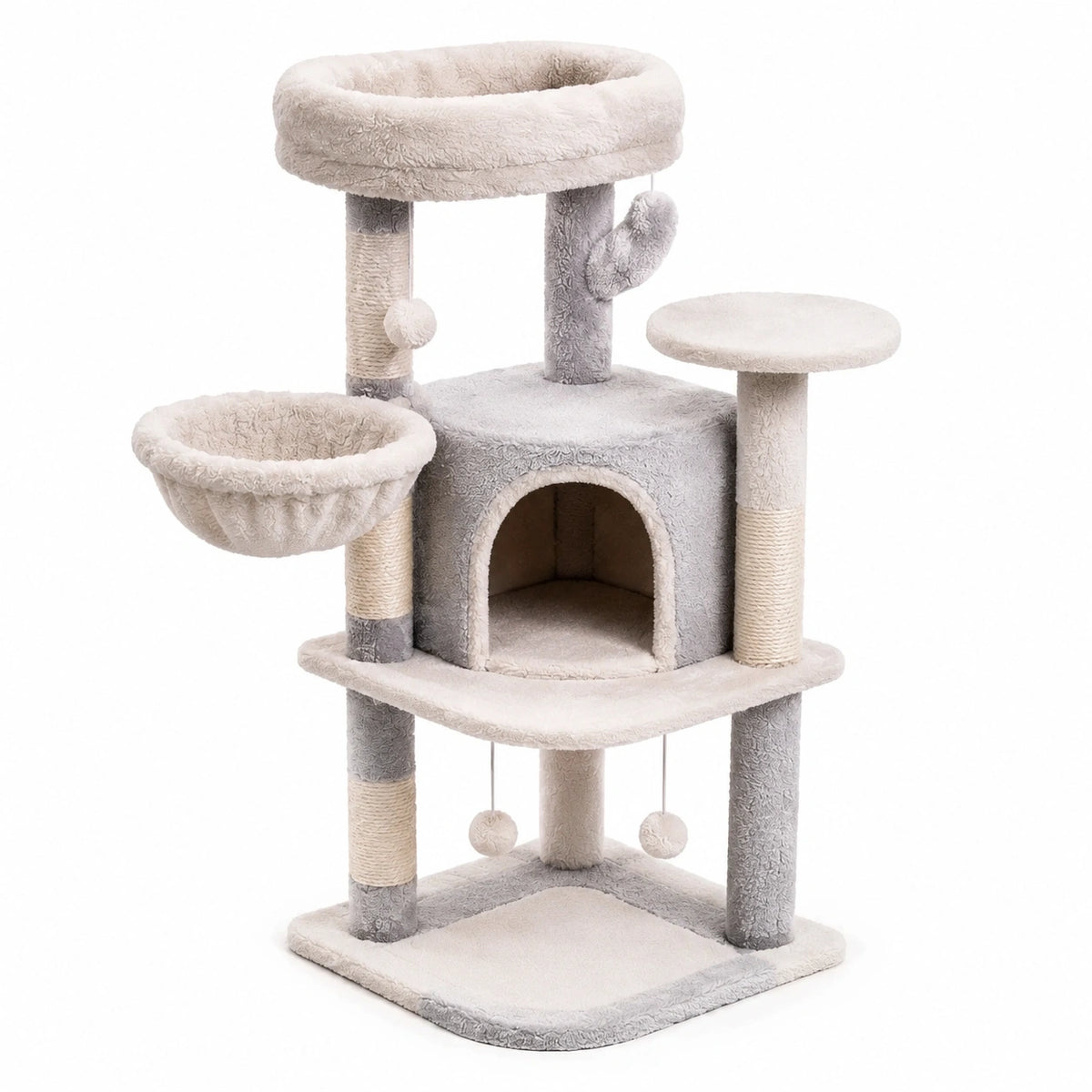 Árbol rascador de madera contrachapada con felpa gris y beige