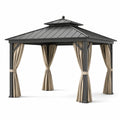 Pérgola metálica negra con cortinas de poliéster beige 3x3m