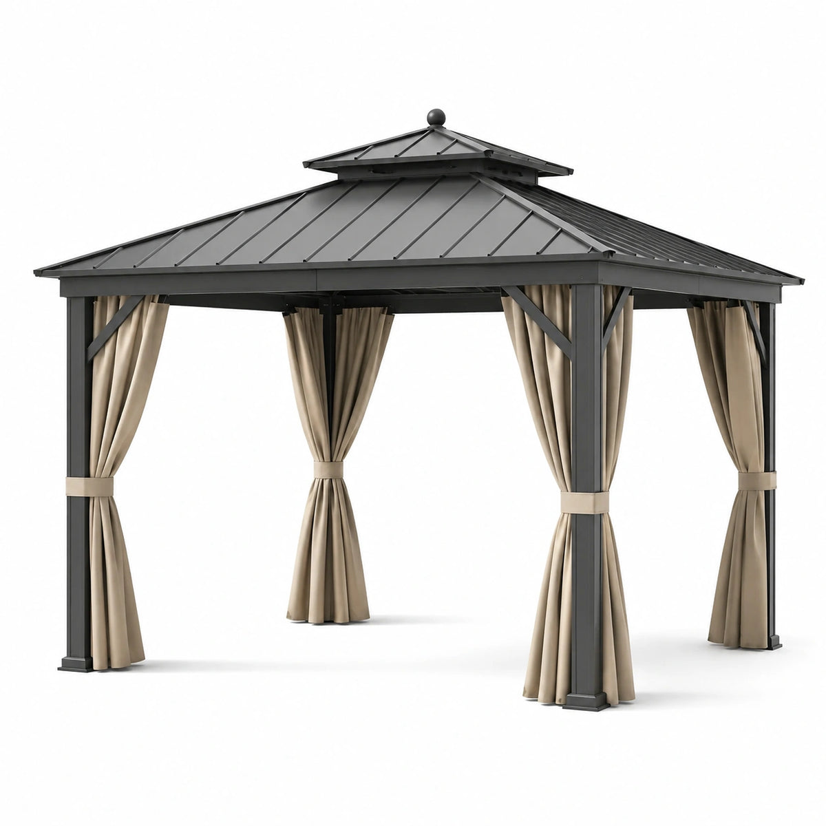 Pérgola metálica negra con cortinas de poliéster beige 3x3m