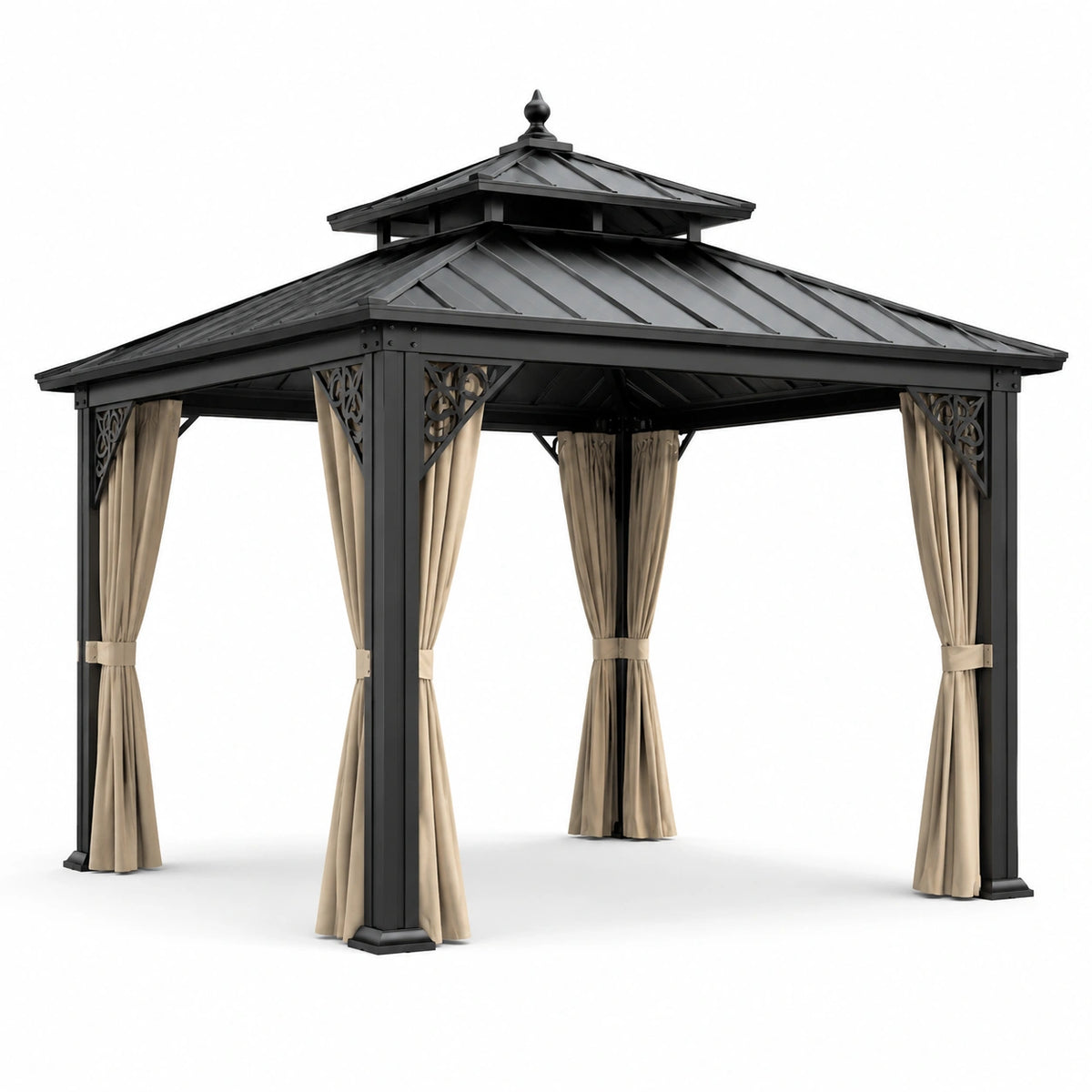 Pérgola de Aluminio con Techo de Metal y Cortinas Beige