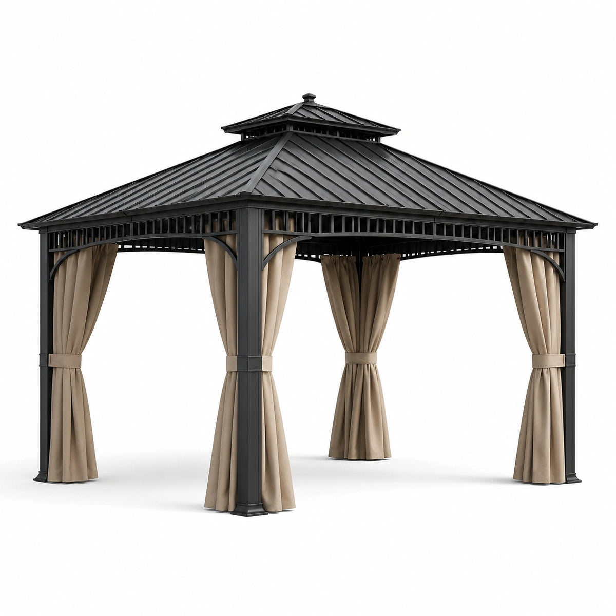Pérgola de Metal Negro con Cortinas de Poliéster Beige 300x300cm