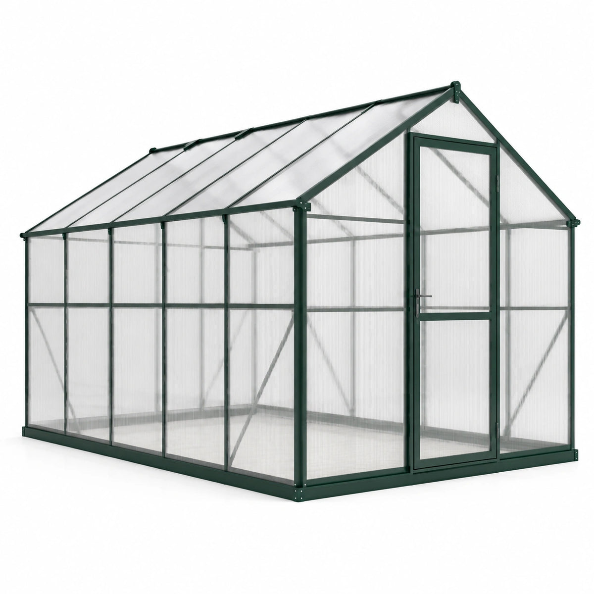 Invernadero de policarbonato transparente y estructura de aluminio verde