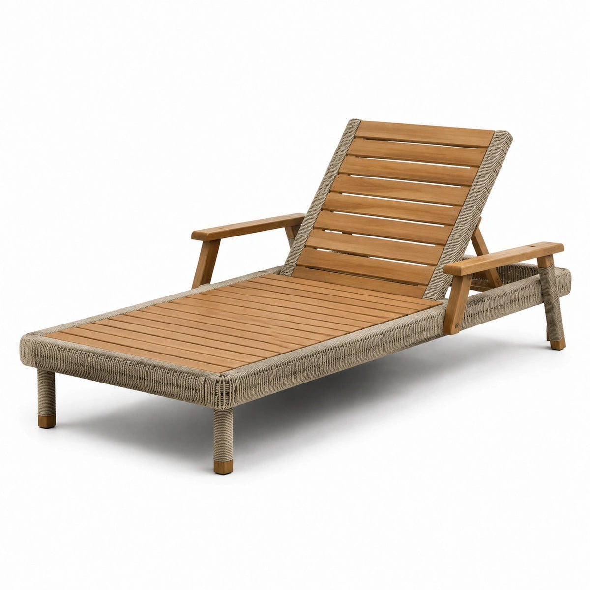 Tumbona de madera de teca y cuerda sintética beige
