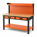 Banco de trabajo de acero con tablero de madera y panel perforado naranja 120x60x150 cm