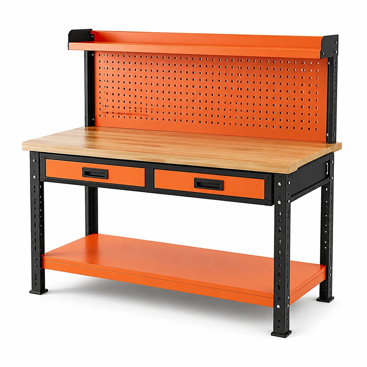 Banco de trabajo de acero con tablero de madera y panel perforado naranja 120x60x150 cm