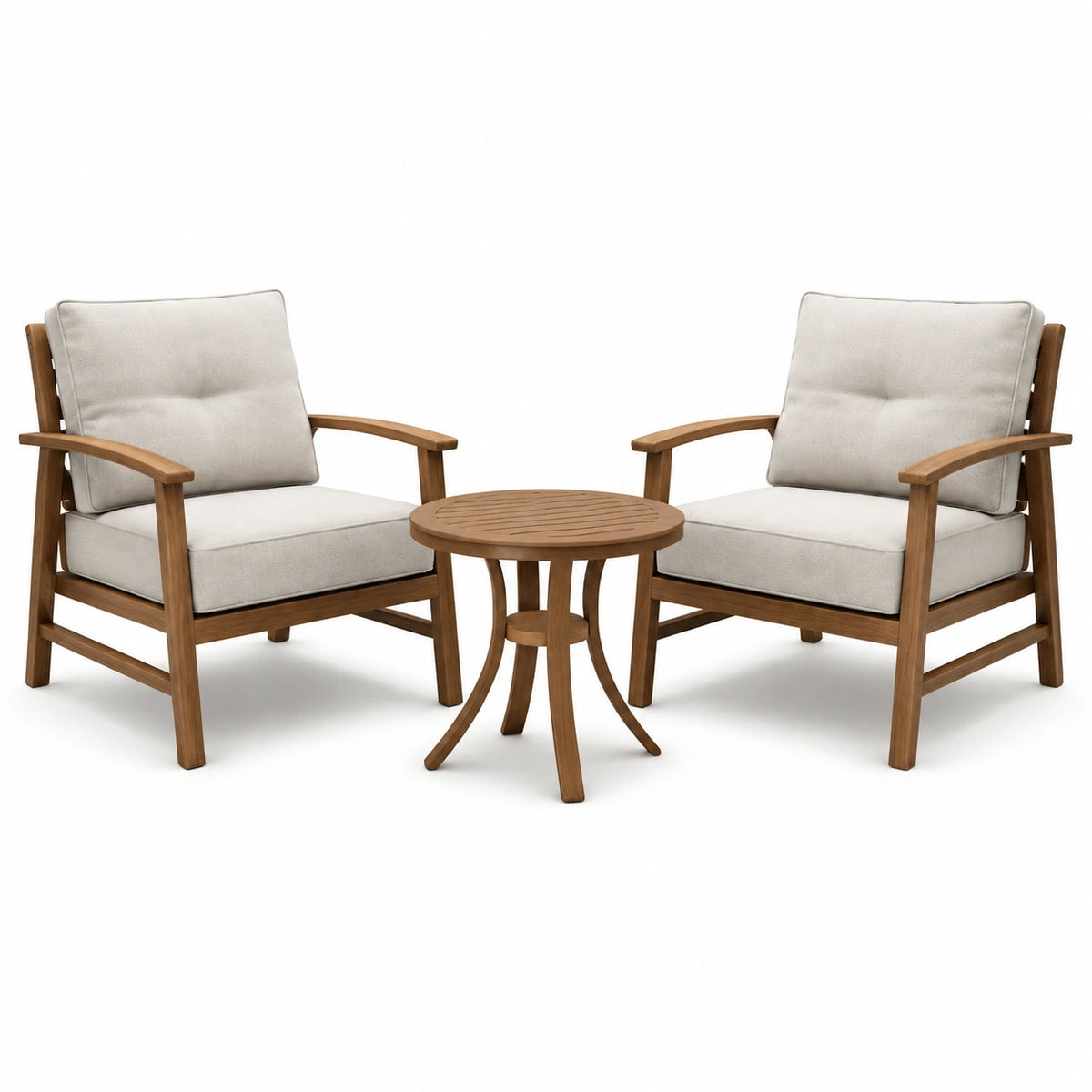 Conjunto de muebles de madera para exterior con cojines beige