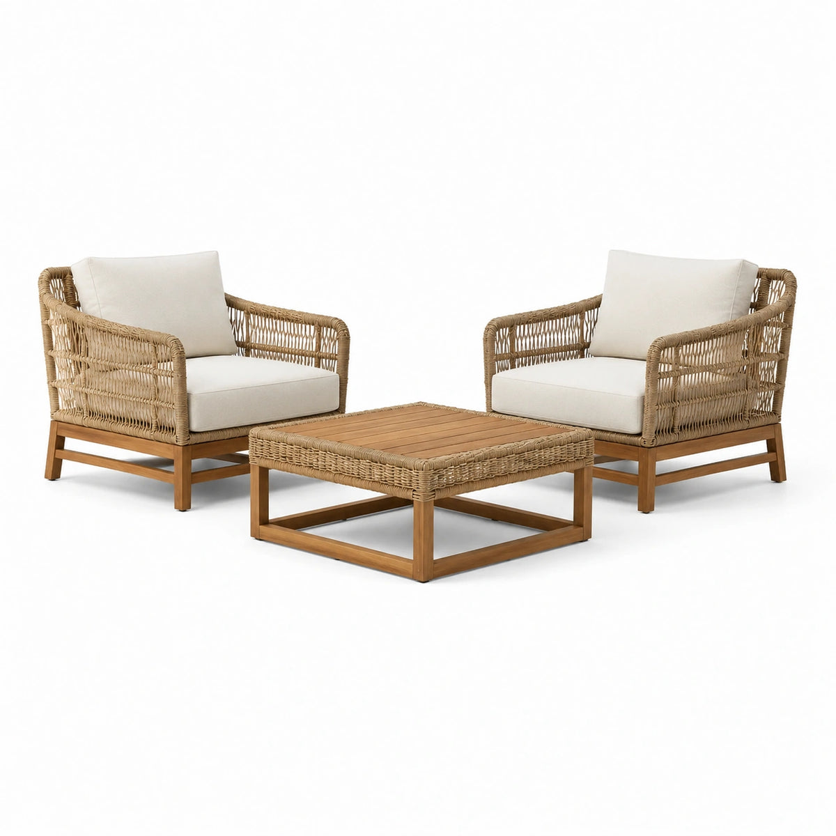 Conjunto de Muebles de Exterior de Teca y Ratán con Cojines Beige