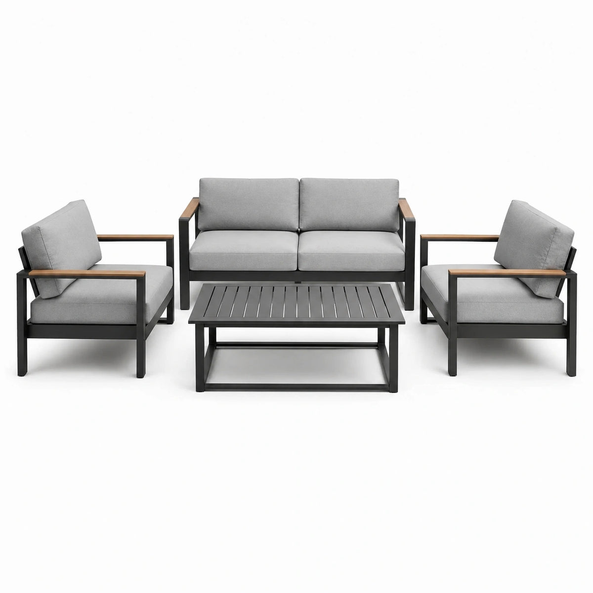 Conjunto de jardín de aluminio y madera con cojines grises